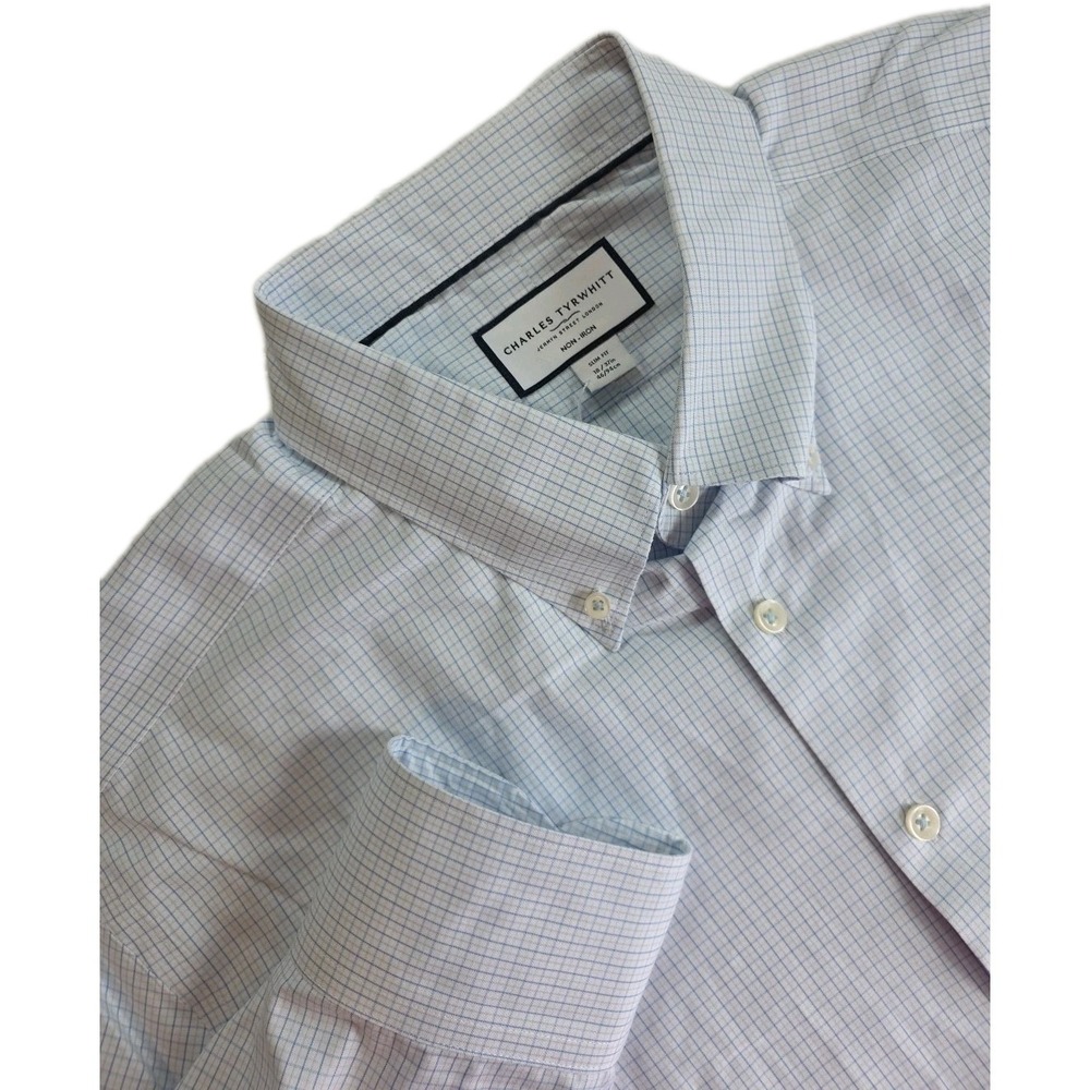 Charles Tyrwhitt Mens 18-37 Slim Fit Non-Iron Dress Shirt Blue Gingham Check